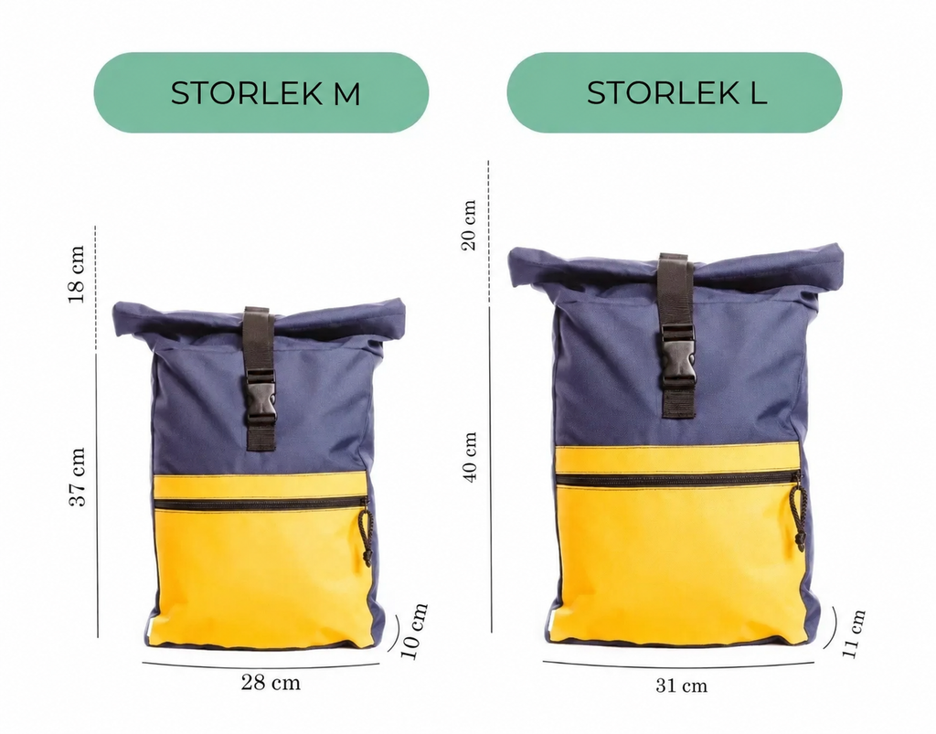 Storleksguide för Drinbags ryggsäck: storlek M 37 × 28 × 10 cm och storlek L 40 × 31 × 11 cm, med utrullningsbar överdel.